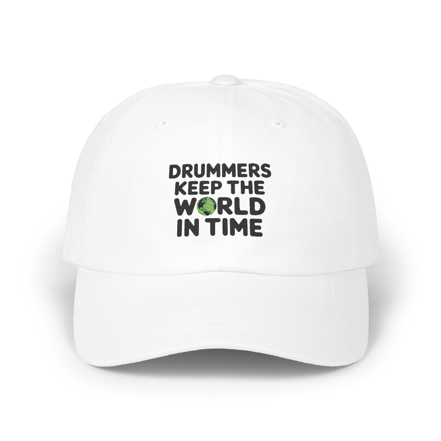 White baseball cap with the text 'DRUMMERS KEEP THE WORLD IN TIME' printed on the front.